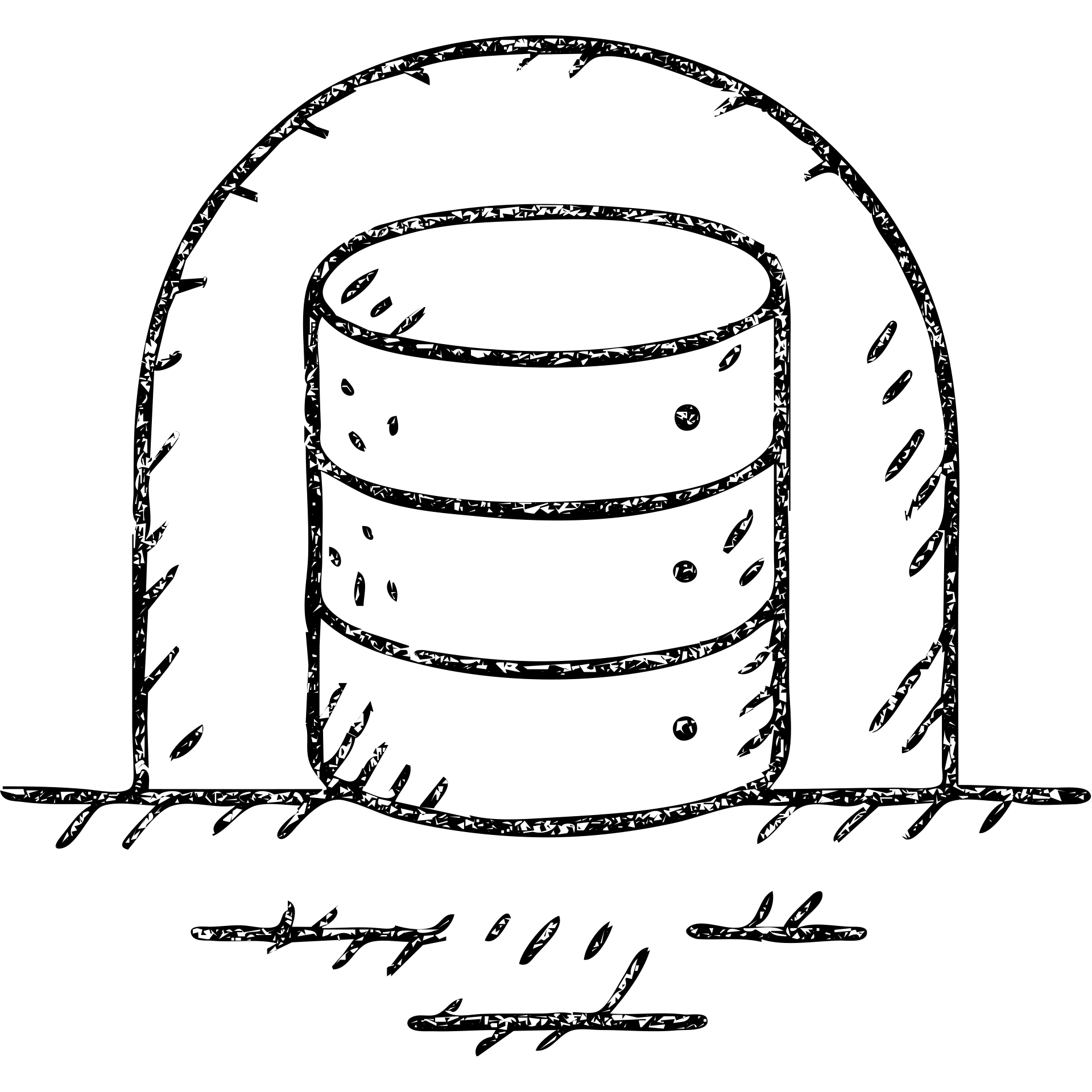 minimalist hand-drawn outlined icon of a database cylinder in a basement or underground setting, worn distressed effect emoji