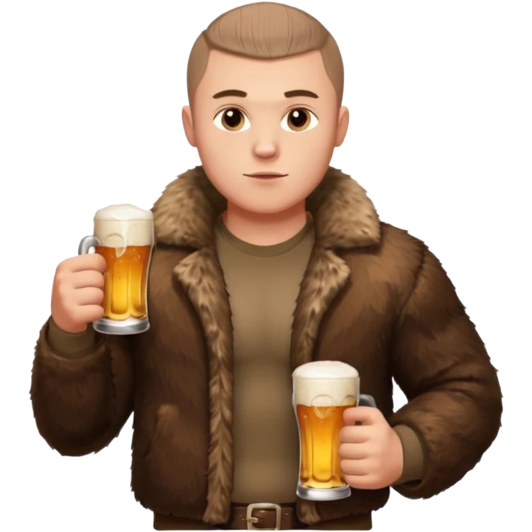„A strong Russian young man with a buzz cut, muscular build, wearing a bear fur coat, holding a beer in one hand, confident expression, snowy background, Slavic aesthetics emoji