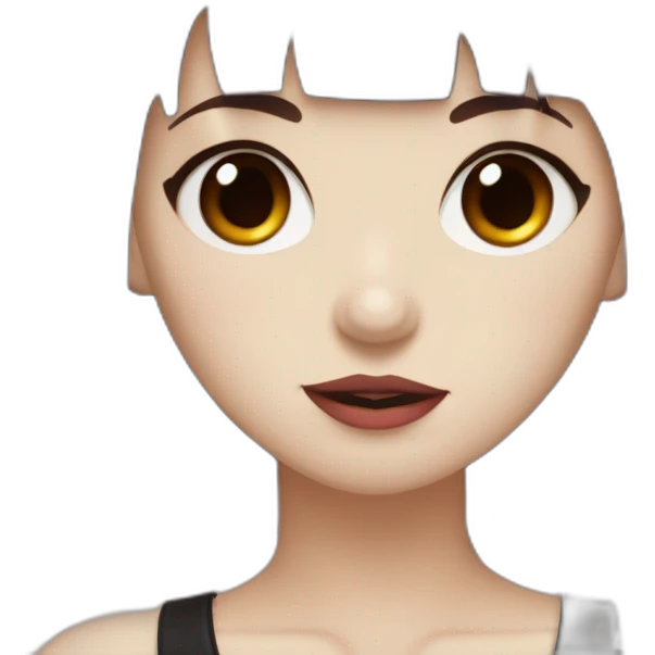 Goth Girl, pale skin, brown eyes and red hair. Bangs, and hair under the neck. front hair longer than back hair.Winking with one eye and sticking out the tongue emoji