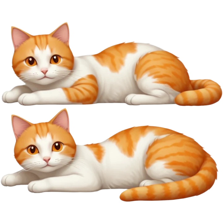 ginger and white cat with orange eyes doing a big extremely long stretch reaching up into the air with arms and legs side by side together straight and overextended whilst lying on its side emoji
