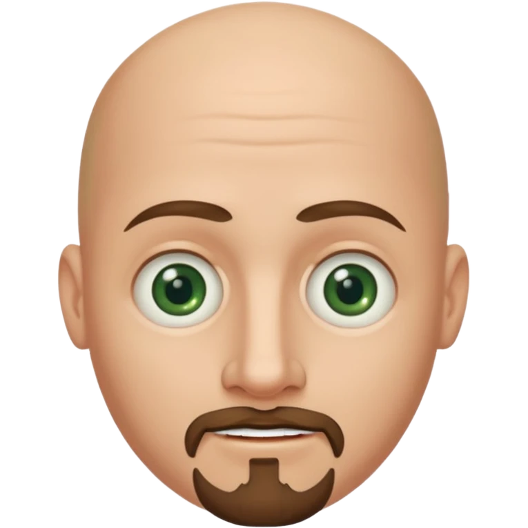 white caucasian bald man's face, with brown goatee and dark green eyes, oval face, rounded, big, little eyes a small smile emoji