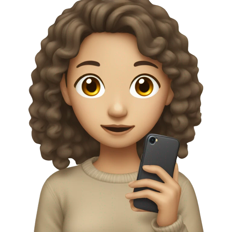 asian girl with long brown curly hair wearing beige pullover using phone emoji