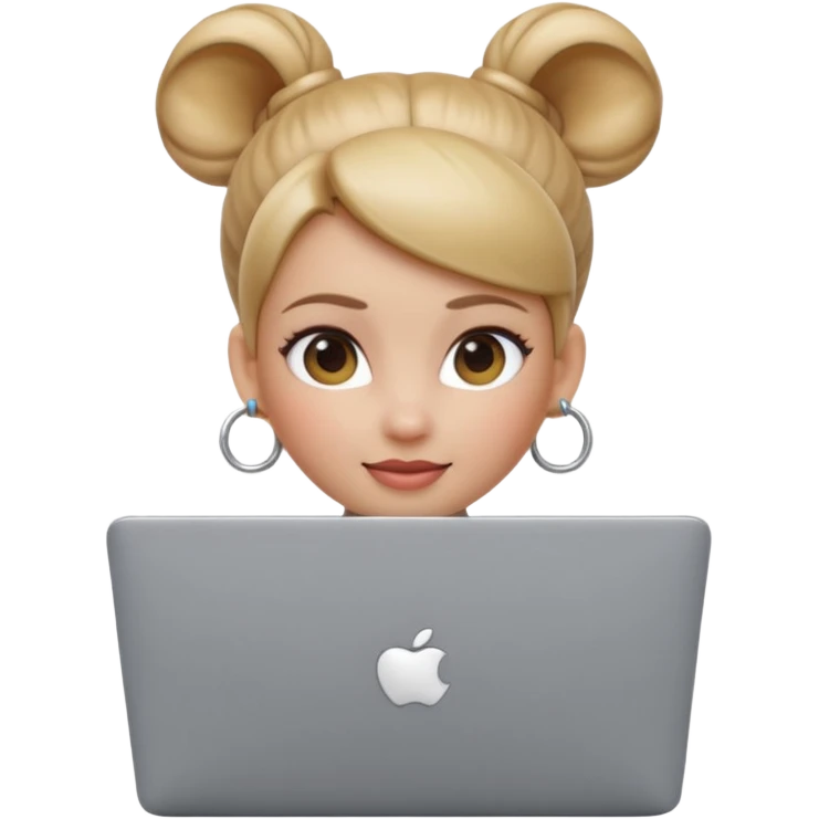 3D Apple Memoji–style emoji, female character with high bun and hoop earrings, peeking over a silver laptop, soft lighting, smooth plastic texture, transparent PNG, 4K. emoji