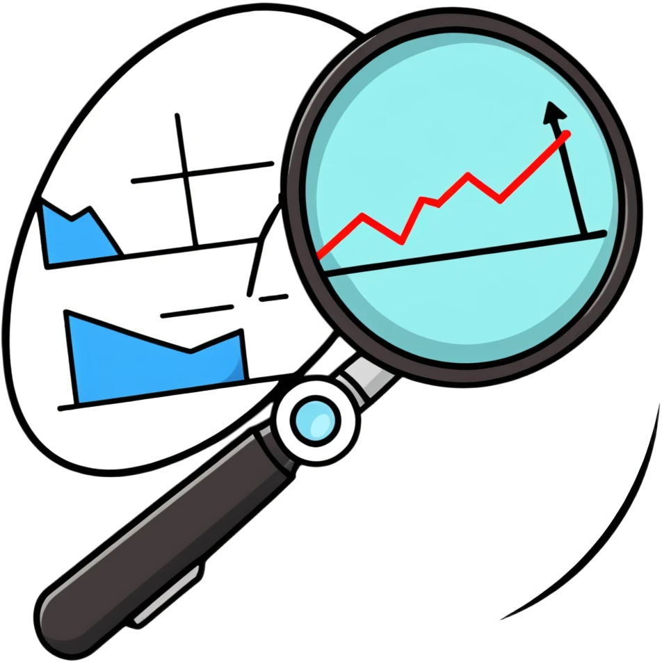 cartoon magnifying glass examining a negative trend chart emoji