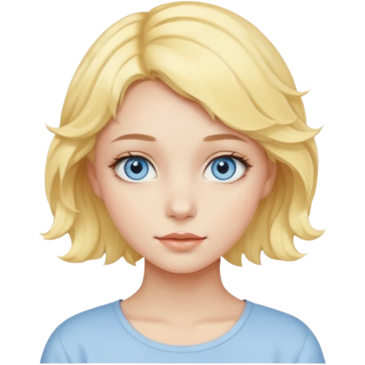 a girl with blue eyes, short pastel yellow wavy hair, natural clean girl makeup emoji