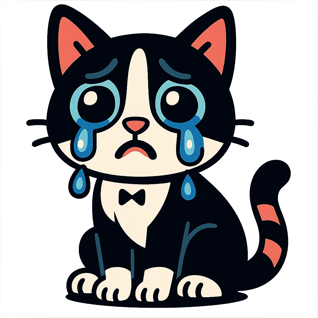 crying tuxedo cat with big teary eyes, sitting, vibrant toon style emoji