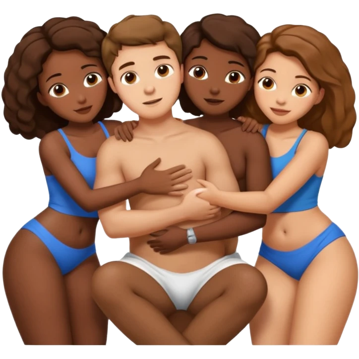one american italian young brown-haired man surrounded by three african women with large butts hugging him and each other and massaging his crotch emoji