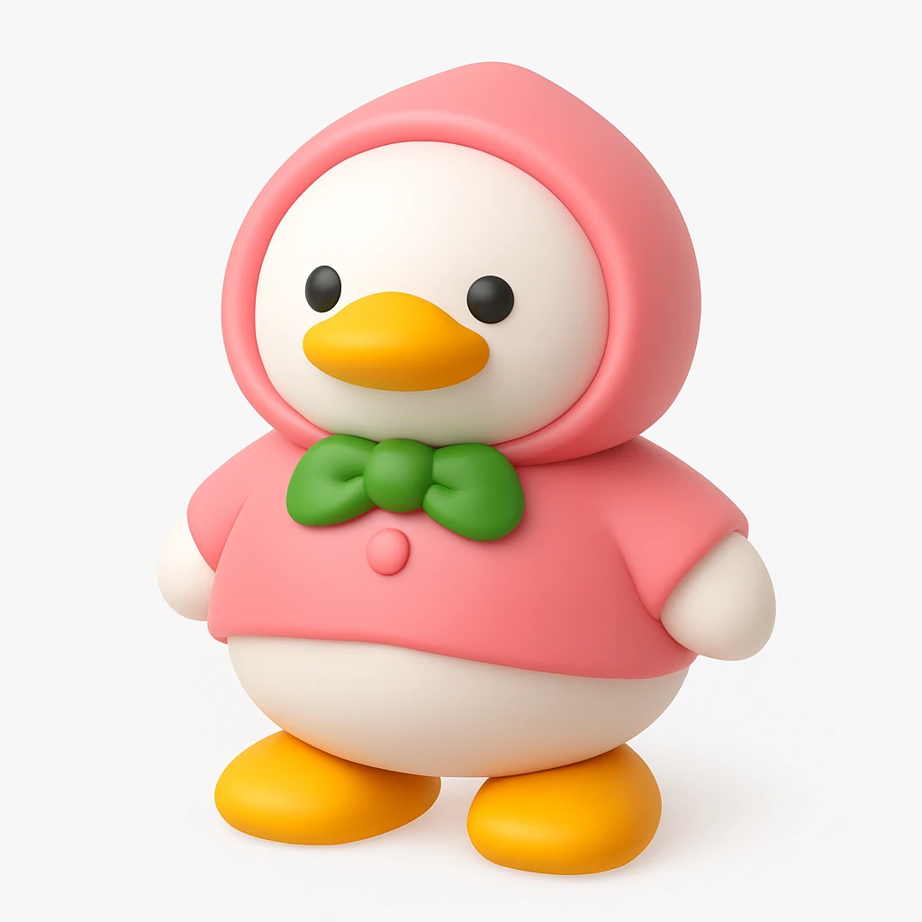 3D iOS style emoji of a duck wearing a pink hoodie with green buttons and yellow shoes emoji