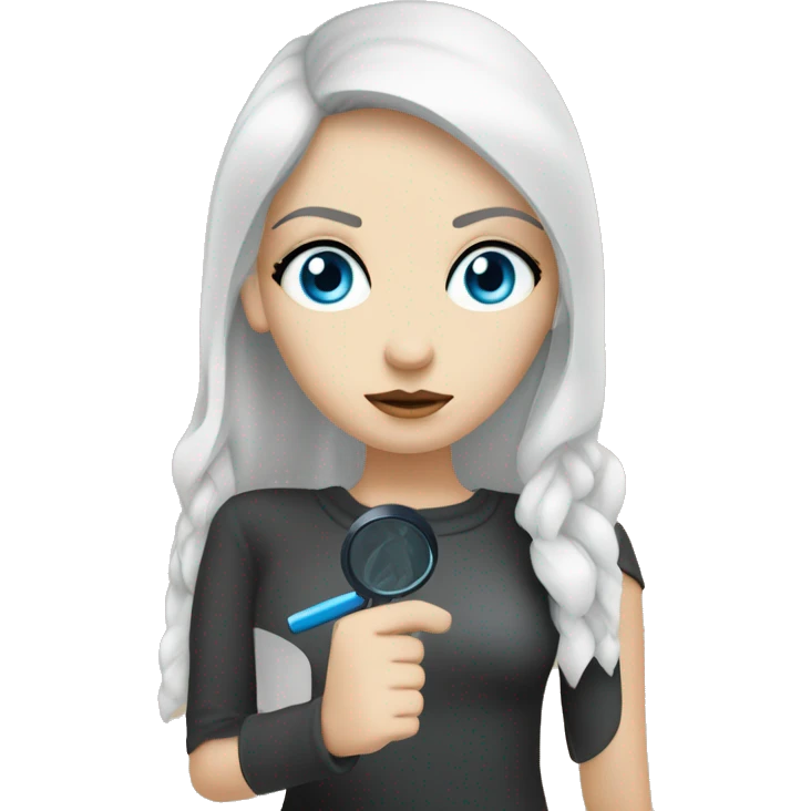 white Girl with black hair and blue eyes with magnifying glass with suspicious look emoji
