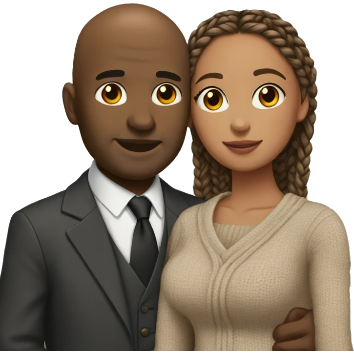 Black bald man in suit and tie hugging light brown woman with braids in sweater dress emoji