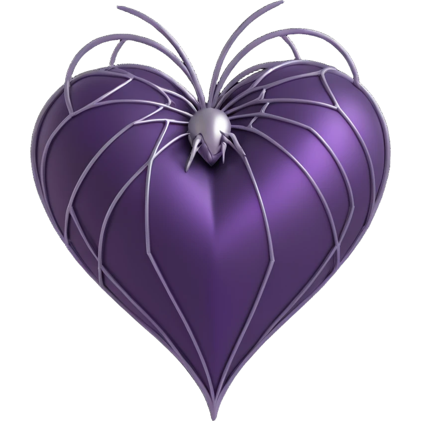 3D emoji style heart, deep purple satin texture, silver spiderweb overlay, gothic and mysterious emoji