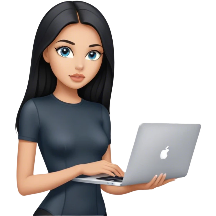 Glamours tanned very beautiful girl with pump peach nude lips and black straight smooth long hair, blue-grey eyes in beautiful short sleeves black bodysuit with MacBook emoji