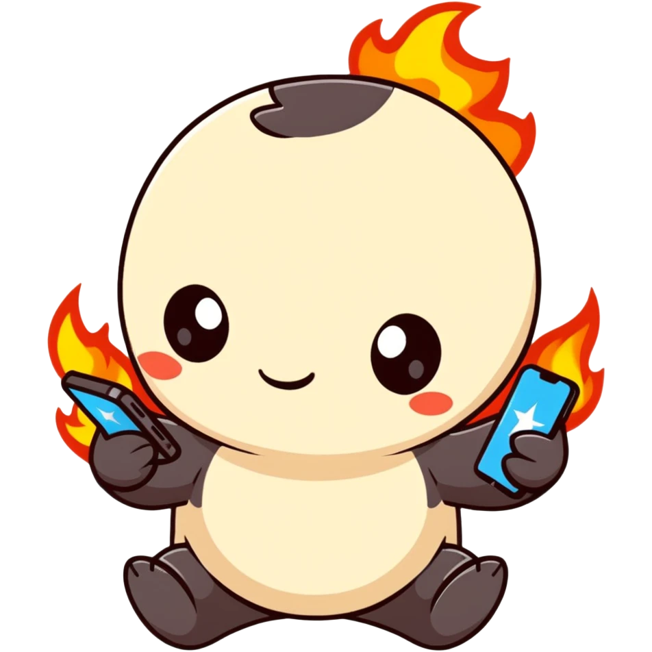 Adorable battle royale character celebrating a victory, with a smartphone showing Free Fire game, surrounded by small stars and flames emoji