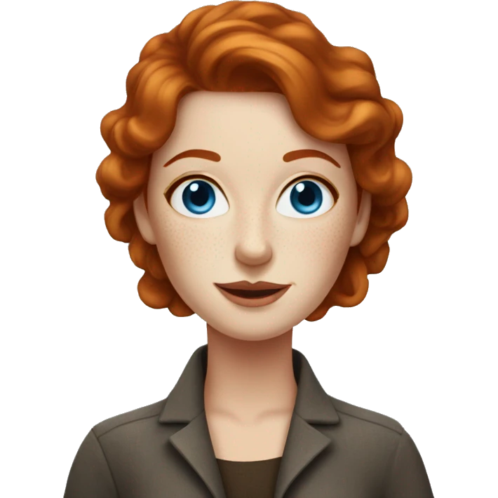 Redhead lady in 30s with freckles with coffee with blue eyes emoji
