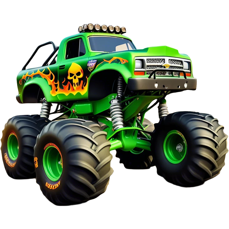 Grave Digger - Monster Jam (Model Year: 2022) (Iconic colour: Green with flames) - A legendary monster truck with a fearsome design: predominantly deep green with dynamic, vibrant flame graphics in bright orange and yellow. Highlight its rough, edgy bodywork and an aura of untamed rebellion. emoji