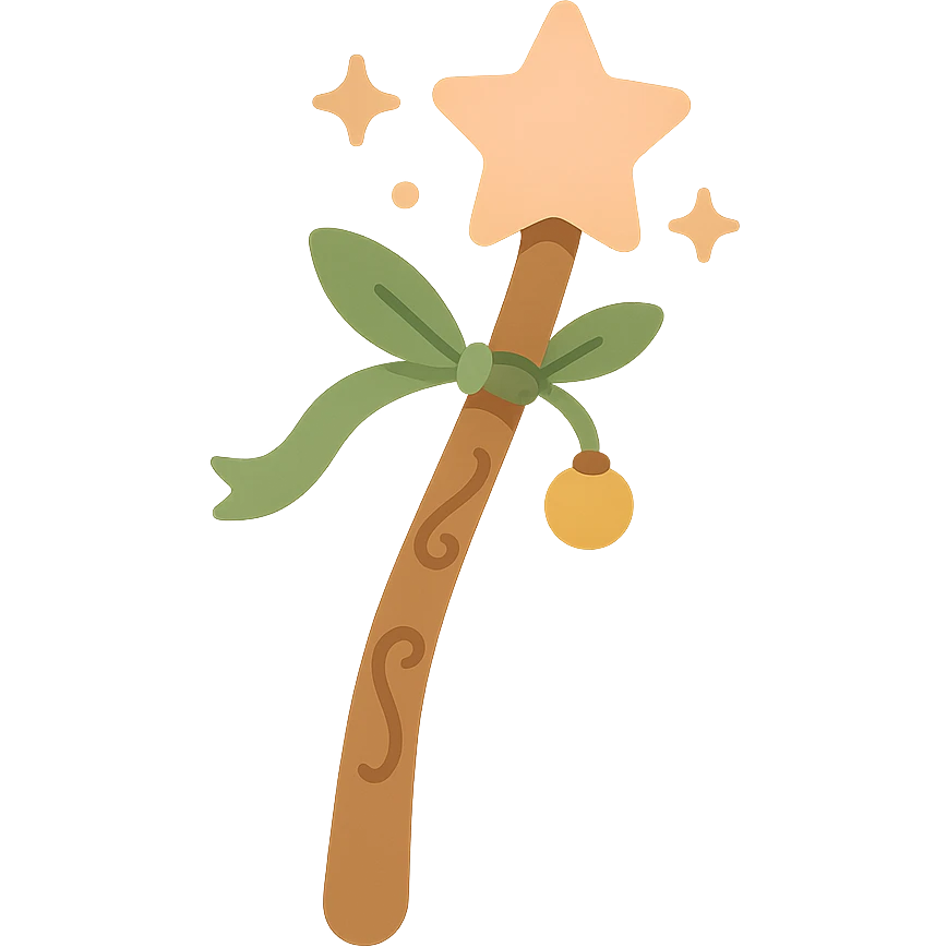 "A cute and magical wand with an elegant, whimsical design, incorporating a color palette of golden orange (FA9B41), forest green (4A7C5C), soft taupe brown (96775A), and pastel peach (FFCC9A). The wand is slender and slightly curved, made of smooth wood with delicate carvings. At the top, there's a glowing gem or star in peachy tones, surrounded by tiny sparkles. Decorative elements like a ribbon, tiny leaves, or a small charm add a cozy, storybook-like charm. The overall look is gentle, enchanting, and magical, perfect for a forest fairy or a kindhearted young wizard." emoji