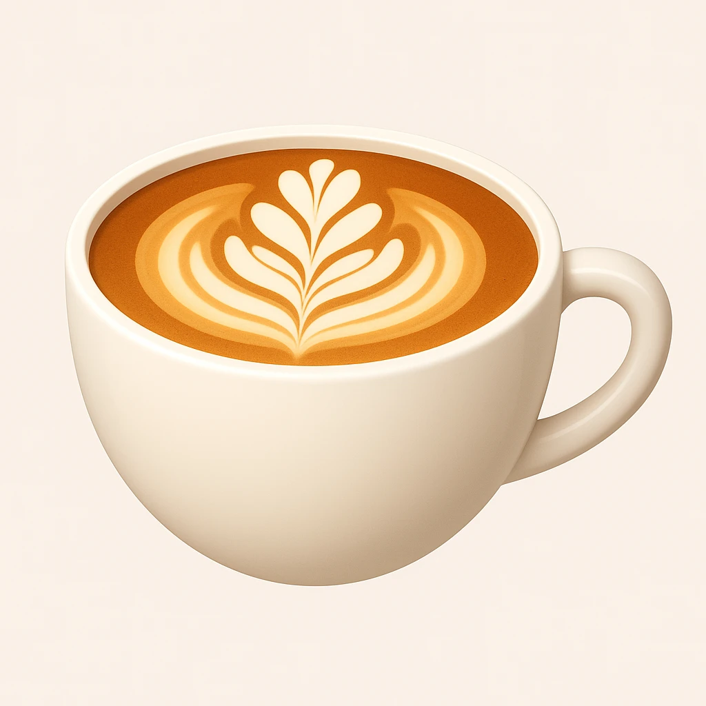 Create a cappuccino cup emoji exactly like the reference image but without the face. The cup should be white with latte art on top, smooth and shiny, in the style of iOS emojis. emoji