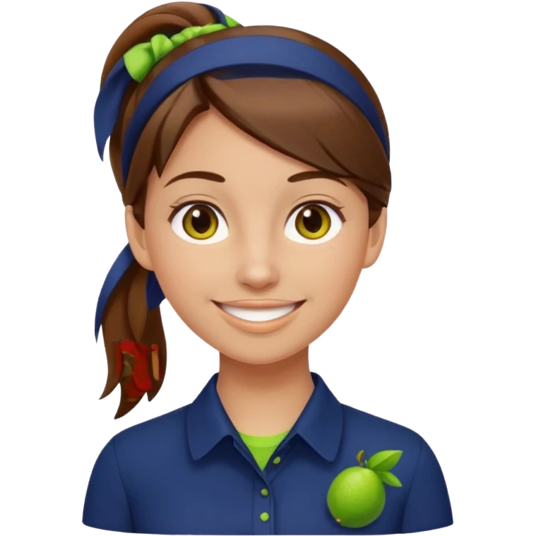 female with brown hair in ponytail, brown eyes, navy blue blouse with lime green Indie Services logo, emoji style, smiling emoji