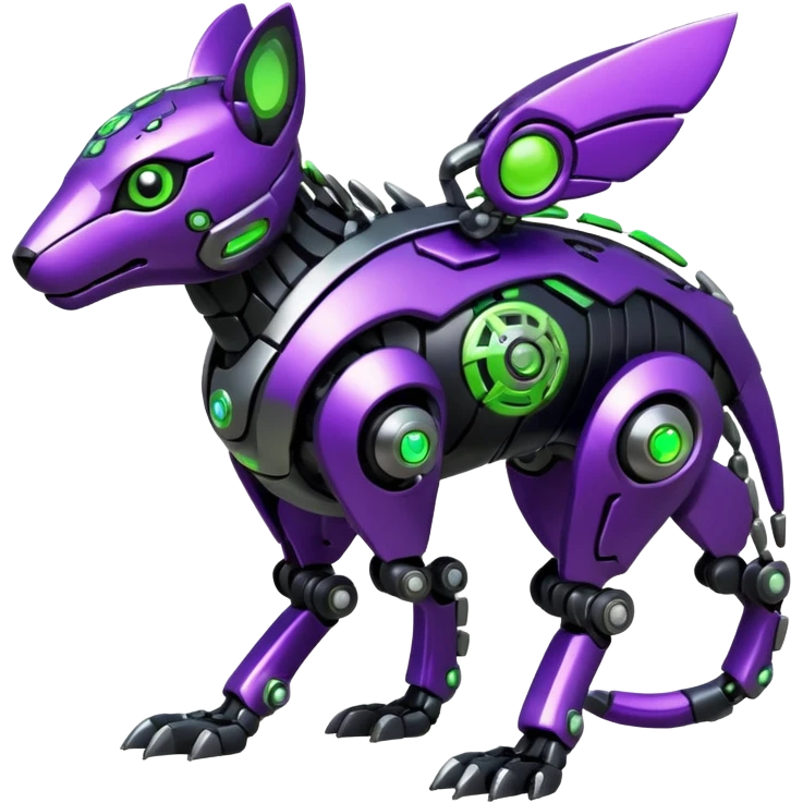 Futuristic mechanical cyborg modern badass cool shiny metallic alloy black-obsidian purple neon-green white lime animal hybrid Fakemon full body with intricate patterns emoji