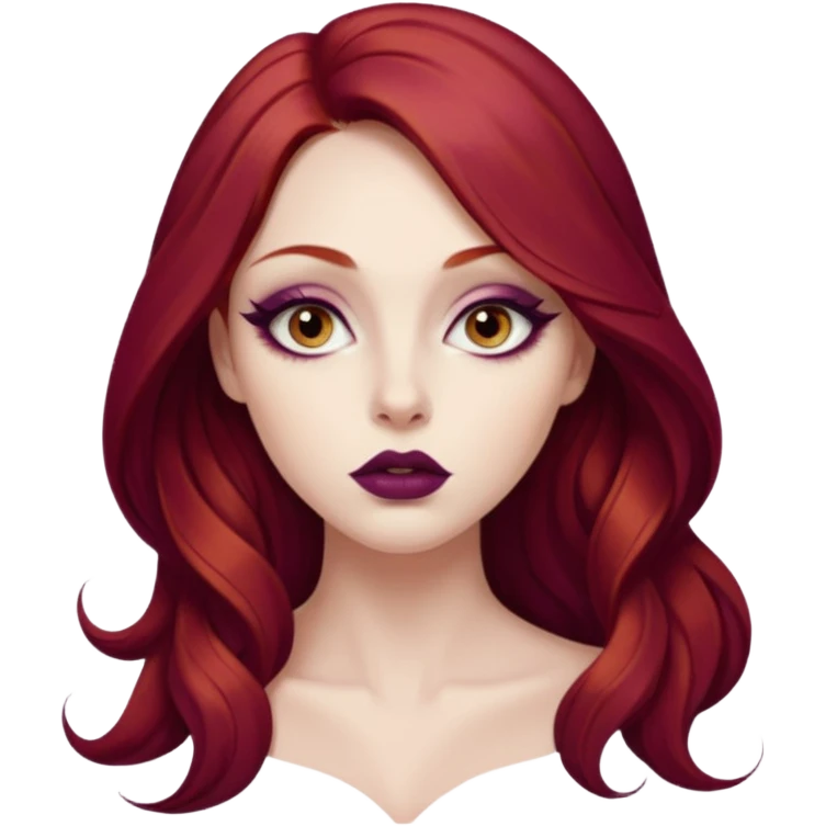 A young woman with long, deep red hair and smooth porcelain skin. She has large, expressive eyes accentuated by winged eyeliner and warm-toned eyeshadow. Her full lips are painted with deep plum lipstick. realistic style, high detail. emoji