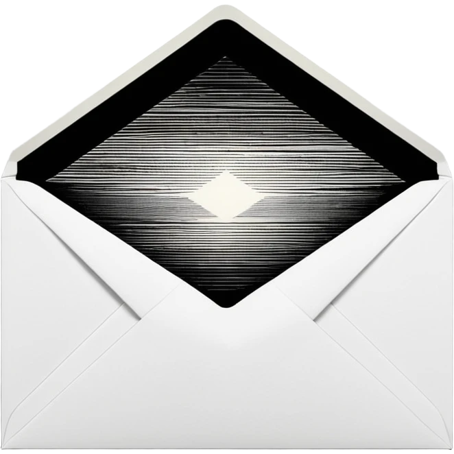 Open envelope + blank card, ink engraving, stipple + crosshatch ONLY (no smooth shading), pure black on pure white, high contrast, razor lines, chiaroscuro rays, tiny #fbcfe8 glow highlights --ar 16:9 --style raw --s 25 --no 3d render, gradient, soft shading, gray, shadow, text emoji