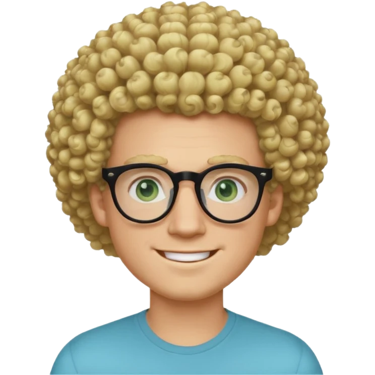 white guy with curly blonde afro and light blue ish green eyes with black glasses  emoji