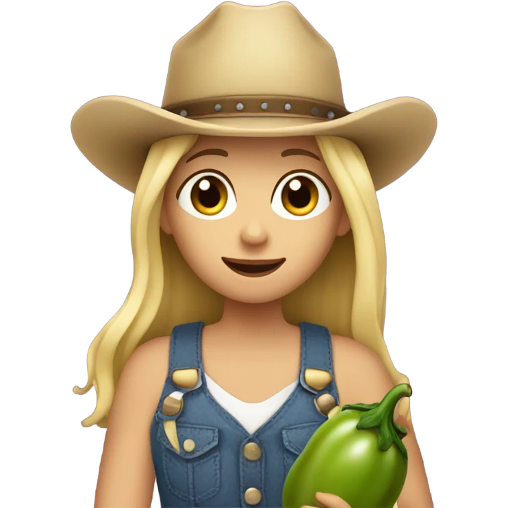 Blonde girl with cow-boy hat on eating eggplant emoji