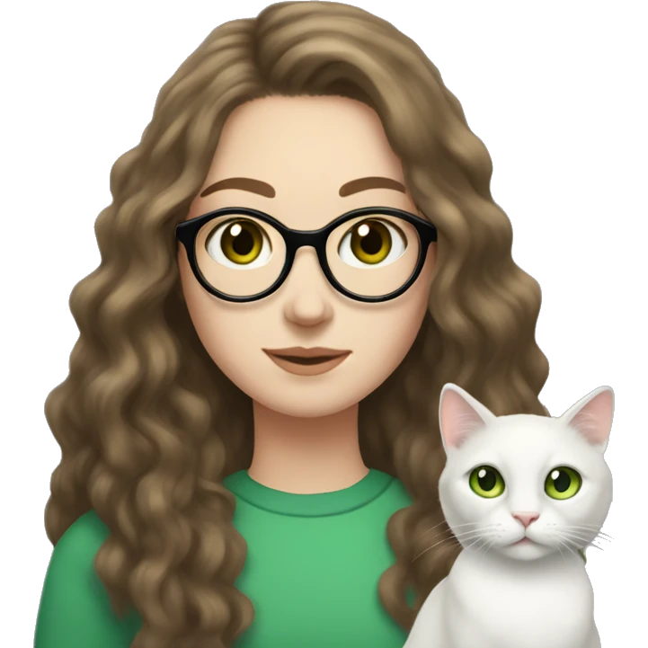 long haired brunette white girl with freckles and round glasses holding a white cat with green eyes emoji