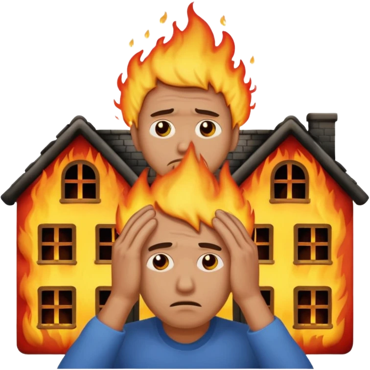 sad man standing with a house on fire behind him, man holding his head in despair, apple style emoji emoji