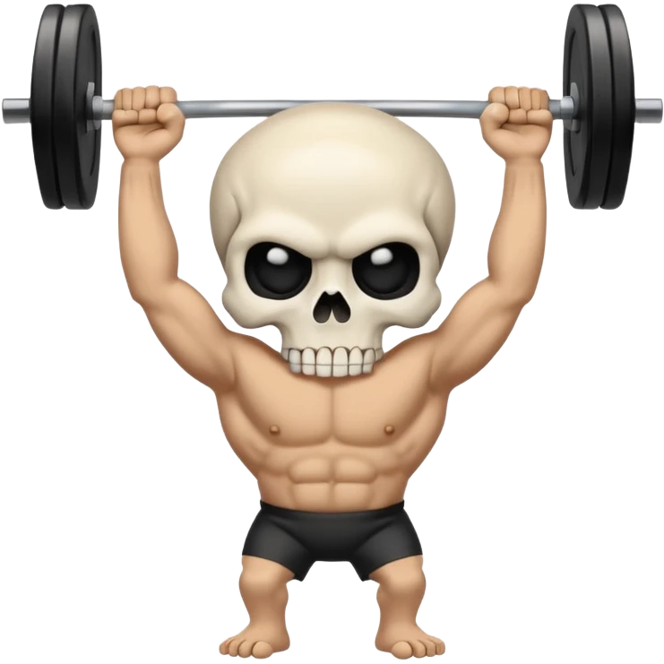 cartoon-style emoji of a white skull with black eye sockets, holding a heavy barbell with its hands, large weights on each side, confident and intense expression, clean lines, bold colors, simple or transparent background, stylized like an emoji emoji