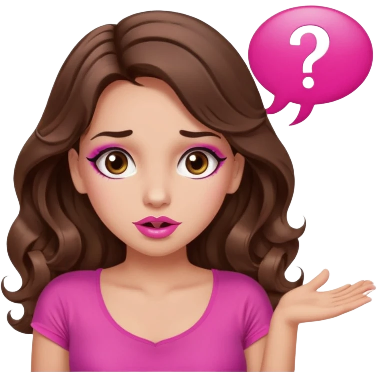 girl with long wavy brown hair, brown eyes, long lashes makeup, sexy pink lips, light to medium complexion, wearing a pink sexy top, shugging, question mark one speech bubble emoji