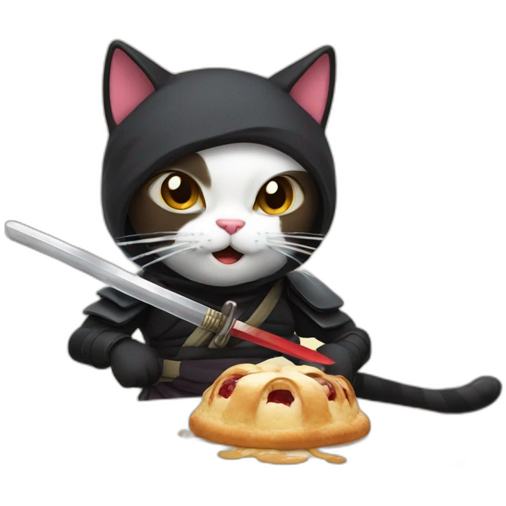 Ninja cat cuts pastry with  katana emoji