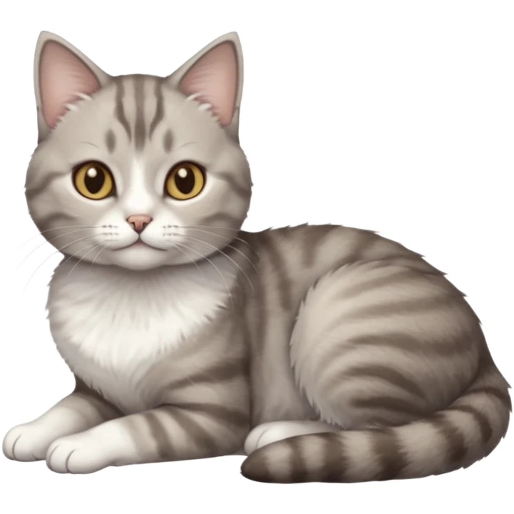 full body tiny short hair grey and white cat with white front legs anh azel eyes lying down emoji