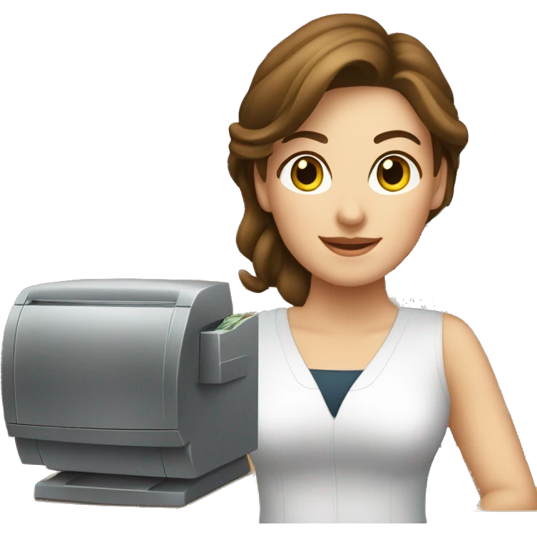 cashier (white female, brown hair, white gold earrings) in front of cash registry, apple-style emoji