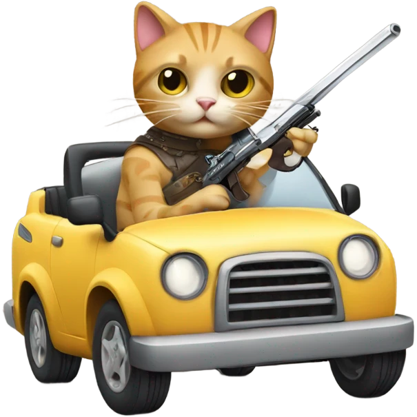 Cat with a gun and sword driving a car  emoji