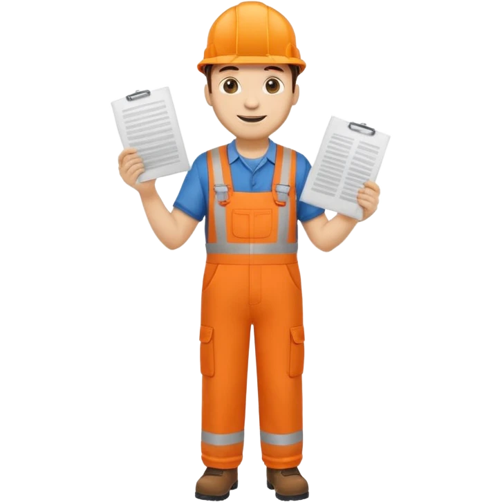 railway engineer full body in orange overalls, carrying one piece of paper with both hands in front of him emoji