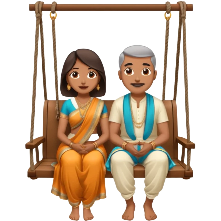 indian man and woman sitting on two seater swing. woman in saree and man in dhoti emoji