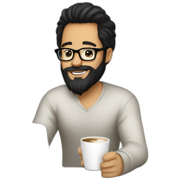 Designer with black hair, beard and glasses working with MacBook and drinking cappuccino  emoji