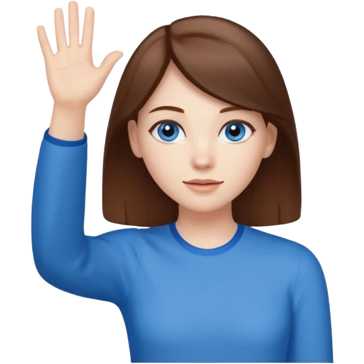 young woman with pale skin, brown hair, and blue eyes raising her hand emoji