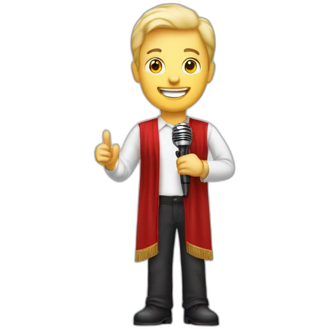 white light skin man person standing in a theater with red curtains standing on elevated stage holding a microphone smiling with light hair emoji