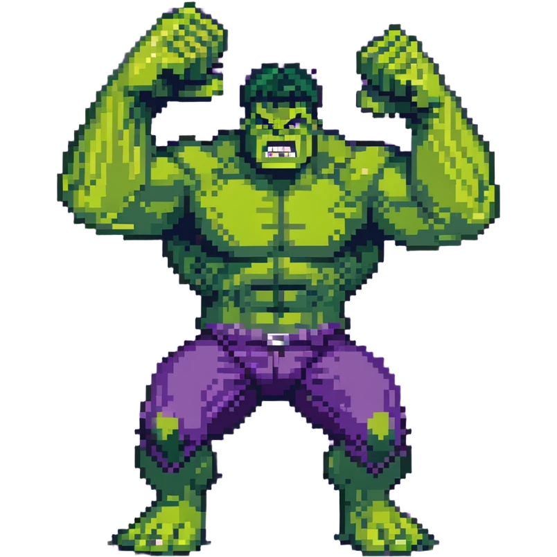 Hulk smashing with powerful fists, green superhero breaking ground, action pose, angry expression, retro video game style emoji
