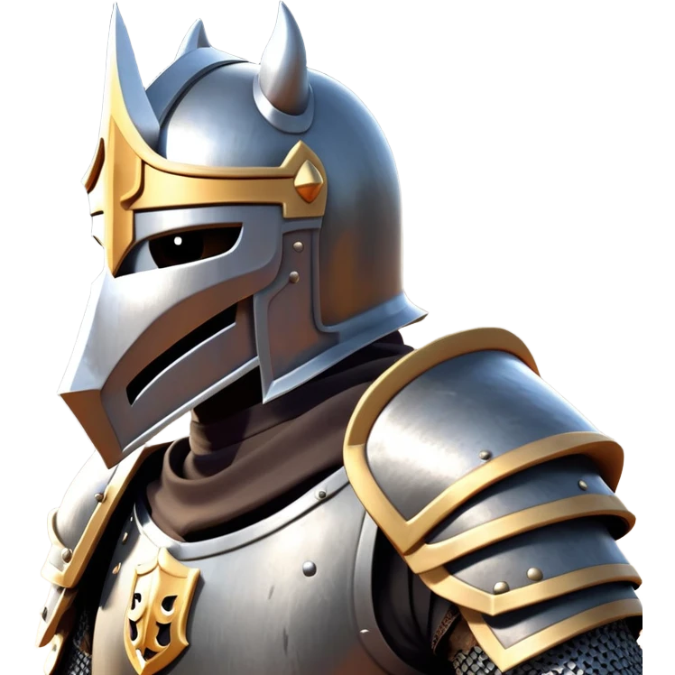 clash-of-clans-aesthetic_-cinematic-fearsome-and-majestic-knight-bust-portrait-emoji, rendered in a flat, vector-style with minimal shading and bold, simplified shapes, depicting a battle-ready medieval knight with steely eyes and intricate armor, mounted riding on a black warhorse reflecting sunlight over a misty battlefield. emoji