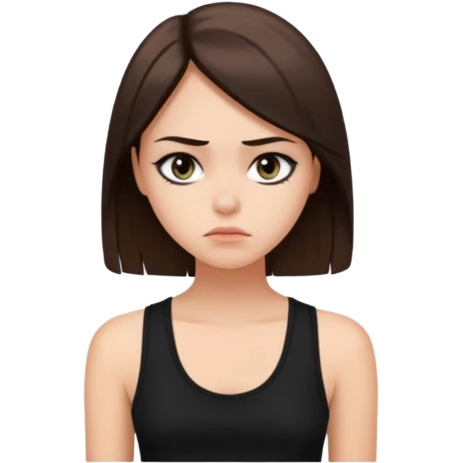 a fair girl with straight brunette hair, black tank top, eyeliner on. Looking sad emoji