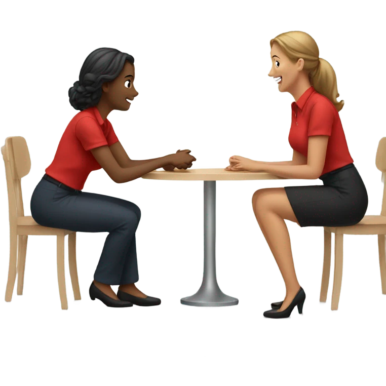 2 woman in red shirt talking  emoji