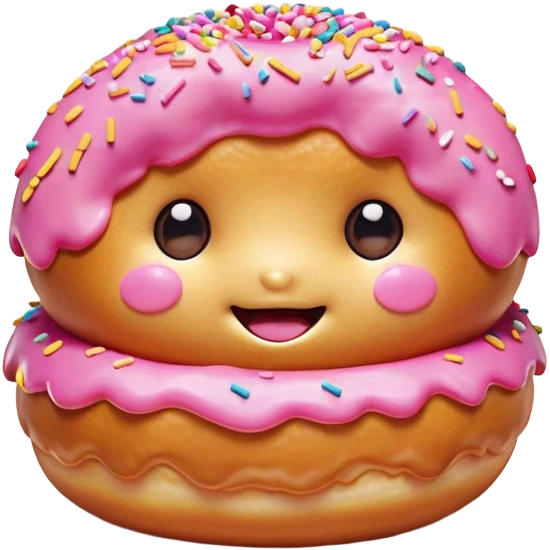 Cinematic tiny happy donut, round and fluffy, golden brown with pink icing and sprinkles, tiny adorable face with blushing cheeks, warm glowing background. emoji