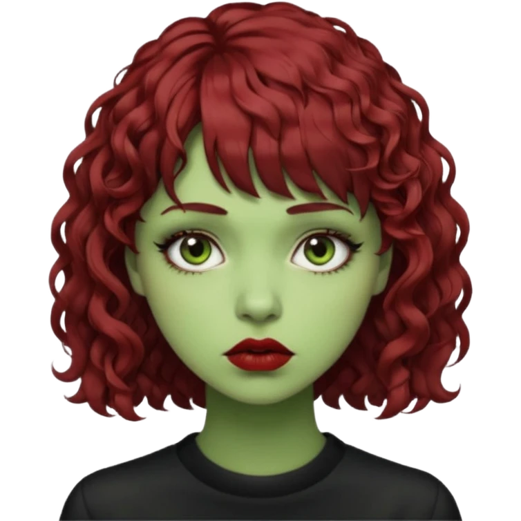 quero que você cria uma mulher, o rosto dela. nela, ela tem cabelo curto e ondulado, tem franja e ela tem semblante triste(cabelo cor meio preto avermelhado) deixe mais cacheado, faça ela bem alternativa (estilo) deixe ela com cor de pele verde emoji