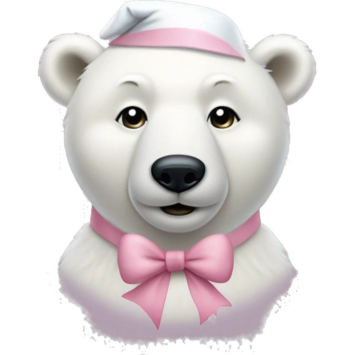 white polar bear wearing light pink santa hat and bow emoji