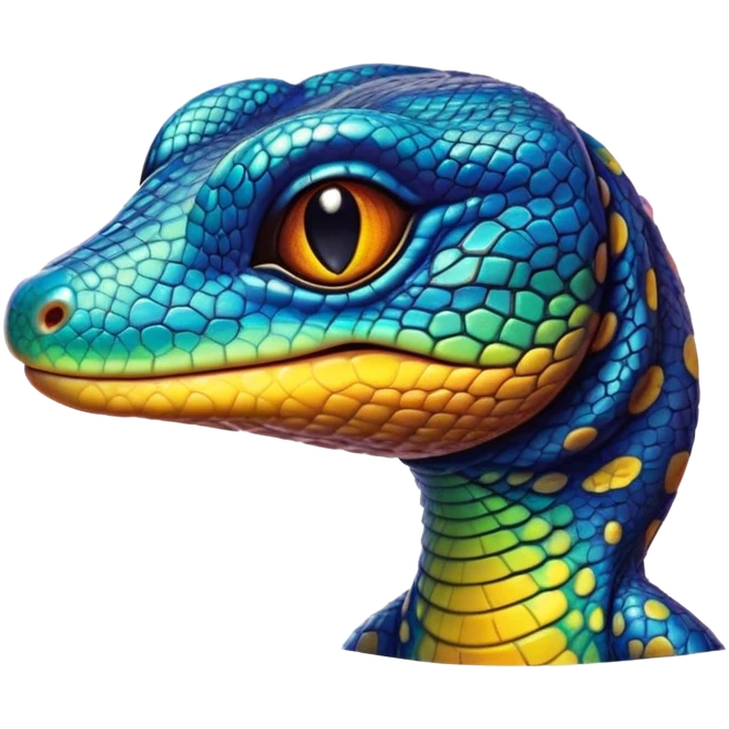 Cinematic Cute Monitor Lizard Portrait Emoji, Head tilted playfully and inquisitively, with a sleek, patterned body accented by vibrant hues and round, sparkling eyes full of wonder, Simplified yet irresistibly adorable features, highly detailed, glowing with a warm, friendly glow, high shine, affectionate and lively, stylized with a touch of exotic charm, bright and endearing, soft glowing outline, capturing the essence of a mischievous yet captivating lizard that seems as if it could scuttle out of the screen into your arms! emoji