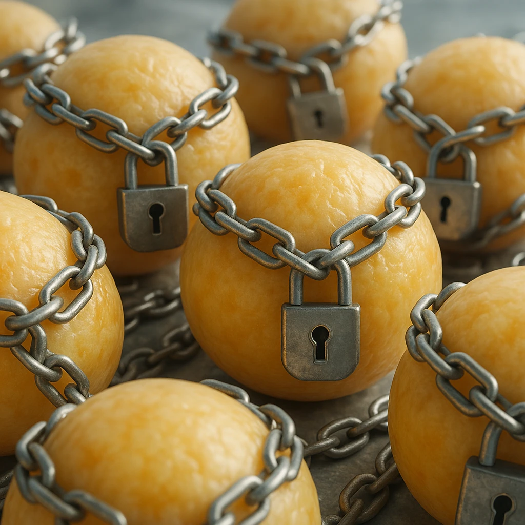 group of adipocytes each locked by chains and padlock, hyper realistic 4K, cellular details, clinical atmosphere, natural light emoji