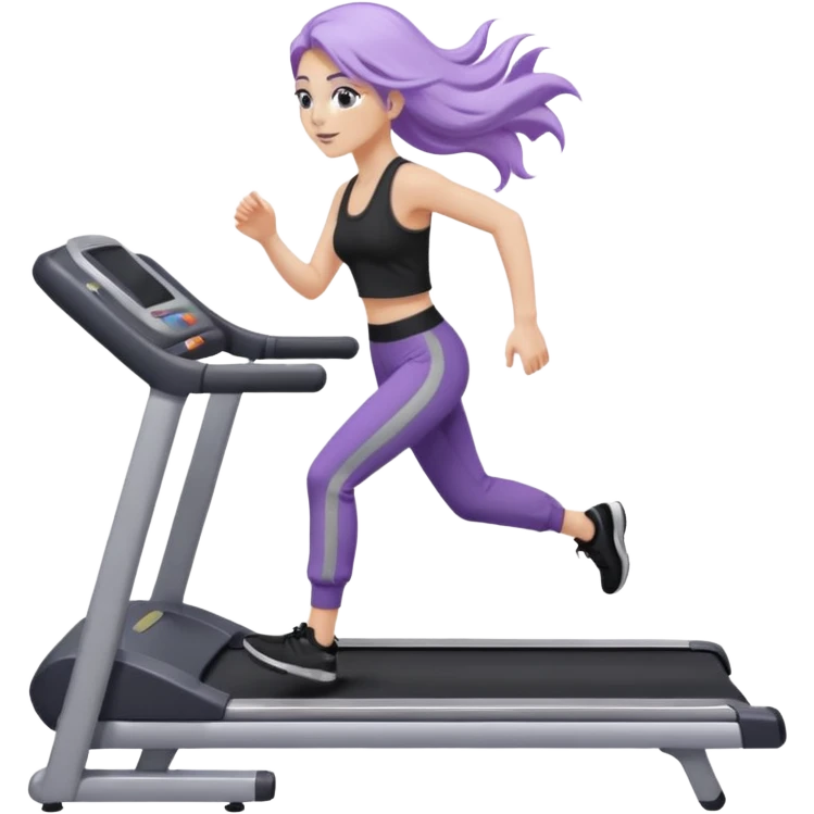 Девушка белокожая на беговой дорожке, с длинными светло-лиловыми волосами, в черном топе, в серых спортивных штанах, с черными ресницами emoji